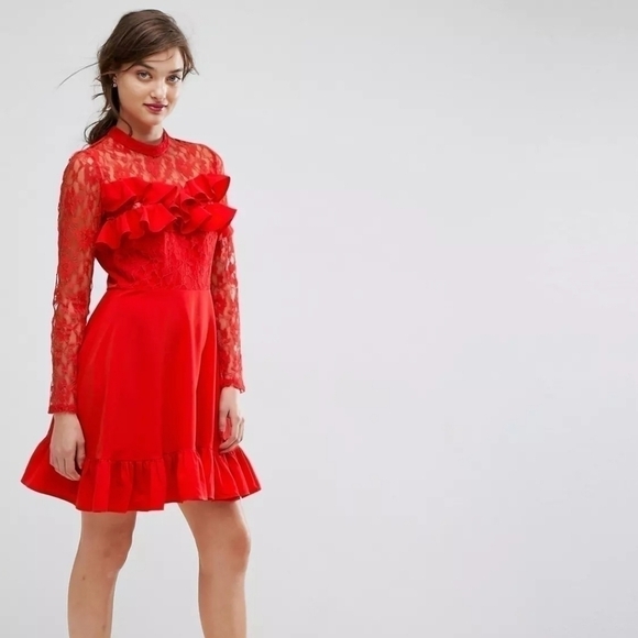 ASOS Lace and Ruffle High Neck Long Sleeved Dress - Picture 1 of 15